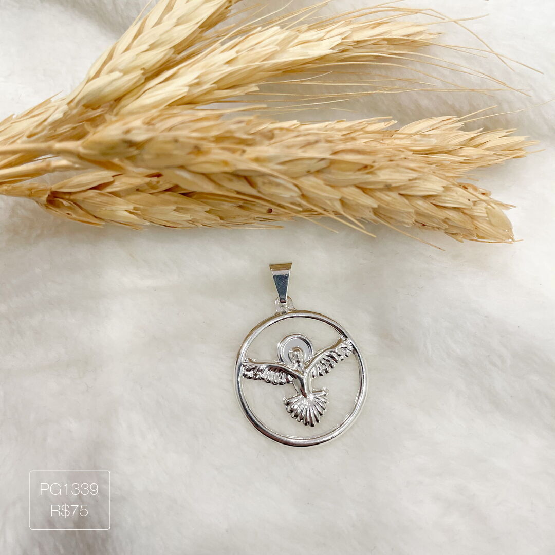 Pingente de Divino Espirito Santo Redondo Liso Prateado